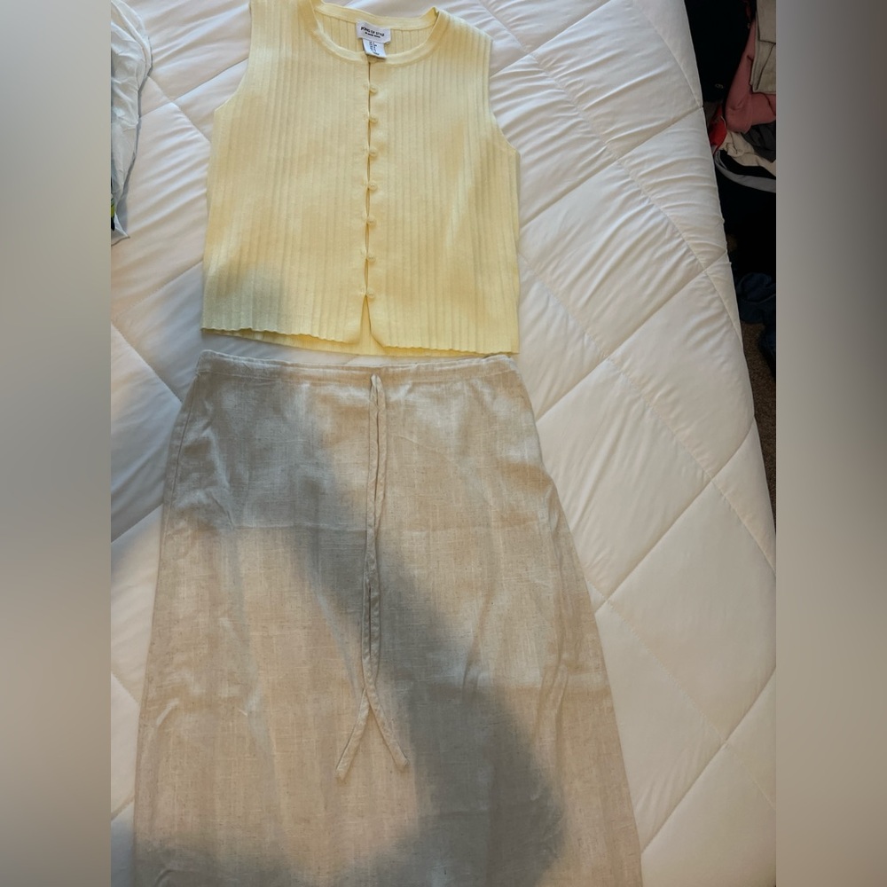 Yellow Sleeveless Top and Beige Skirt Set